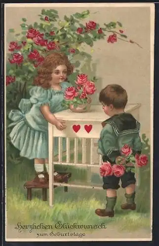 Künstler-AK Zwei Kinder mit Rosen, Herzlichen Glückwunsch zum Geburtstag