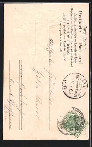 AK Frau auf einer Leiter pflückt Blüten, Fröhliche Pfingsten