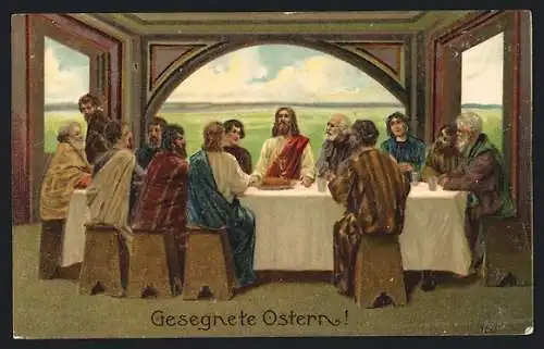 Präge-AK Jesus und seine Jünger beim letzten Abendmahl, Gesegnete Ostern