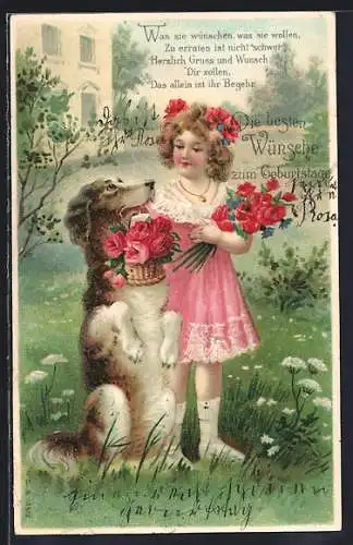 AK Mädchen mit Hund und Blumen, Die besten Wünsche zum Geburtstag