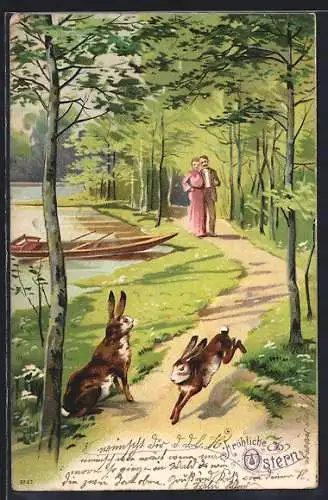 AK Paar beobachtet zwei Osterhasen