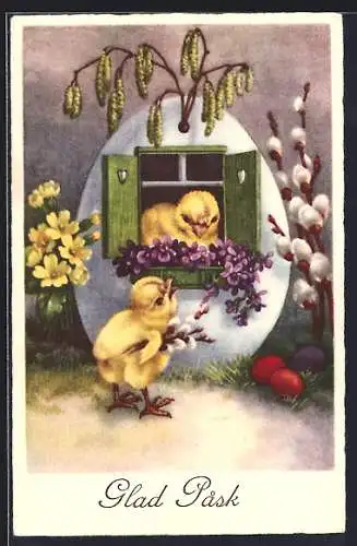 AK Osterküken schaut aus dem Fenster zu einem anderen Osterküken mit Weidenkätzchen