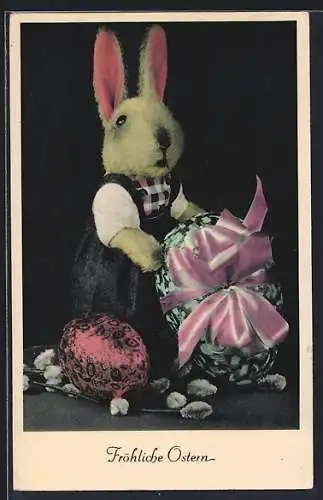 AK Osterhase mit Ostereiern und Weidenkätzchen