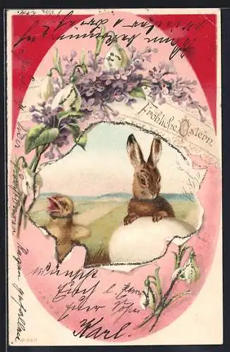 AK Osterhase neben Osterküken