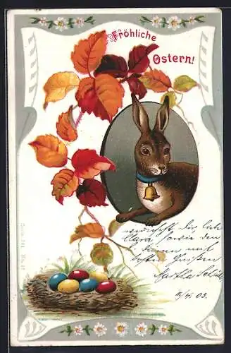 AK Osterhase mit einem Nest mit Ostereiern