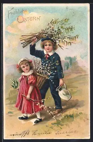 AK Zwei Kinder beim Pflücken von blühenden Zweigen zu Ostern