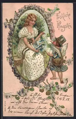 AK Engel überbringt Dame einen Brief, Fröhliche Pfingsten