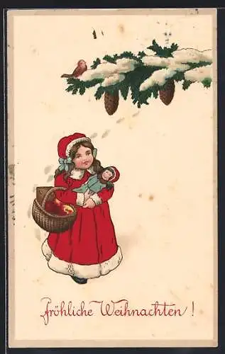 AK Mädchen mit Korb mit Äpfeln und Lebkuchen unter einem Tannenzweig, Fröhliche Weihnachten