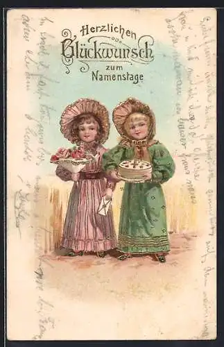 AK Mädchen gratulieren mit Torte und Rosenstrauss zum Namenstag