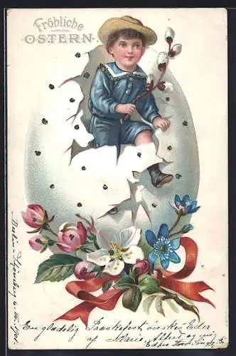 AK Knabe mit Weidenkätzchen schlüpft aus einem Ei, Fröhliche Ostern