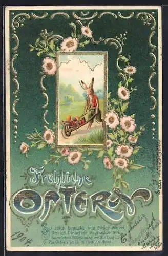 AK Osterhase mit Karren mit Ostereiern, Fröhliches Ostern