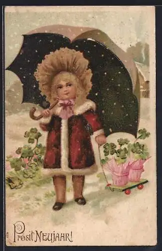 AK Mädchen mit Töpfen mit Kleeblättern, Prosit Neujahr