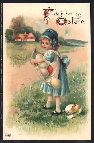 Präge-AK Mädchen mit Ostereiern und Osterküken, Fröhliche Ostern