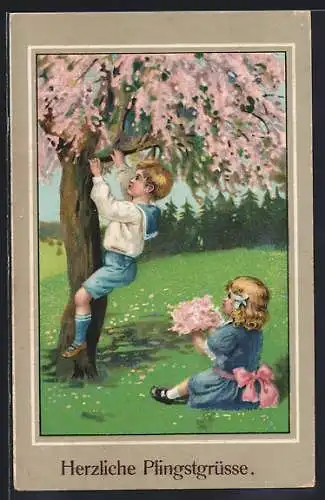 AK Junge klettert einen Baum hoch um Blüten zu pflücken, Pfingsten