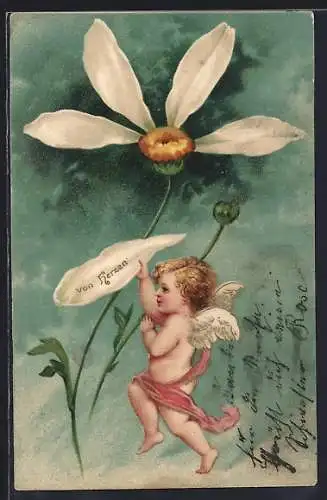 AK Kleiner Engel zupft Blatt von einer Blume ab