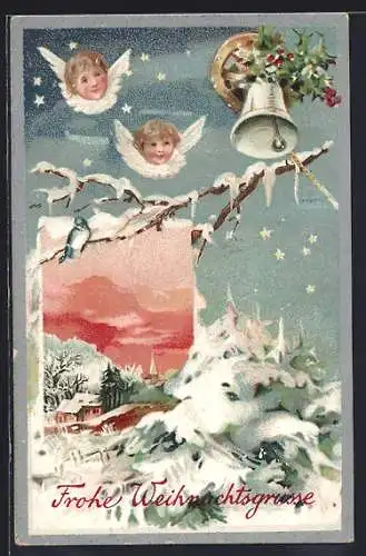 AK Weihnachtsengel im Himmel mit Glocke und Schnee