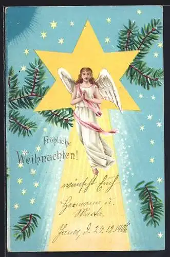 AK Weihnachtsengel mit Sternschnuppe und Tannenzweigen