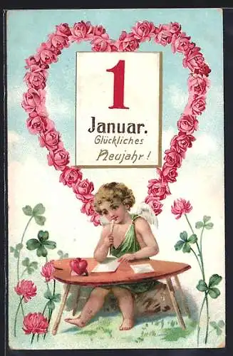 AK Neujahrsengel sitzt an einem Tisch, Kalenderblatt 1. Januar