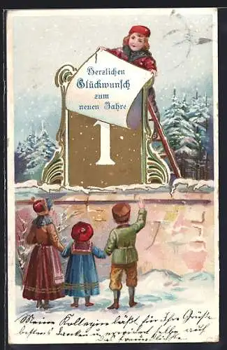AK Glückwunsch zum neuen Jahr, Kinder mit Kalender