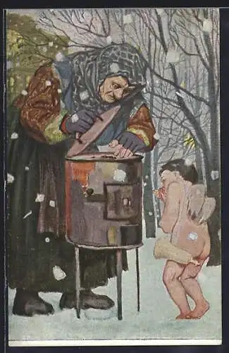 Künstler-AK G. Hirth`s Verlag, Serie: XXVIII, 4., Alte Frau und Engel am Ofen im Schnee