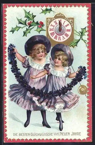 AK Zwei Mädchen tanzen mit einer Blumengirlande, Die besten Glückwünsche zum neuen Jahre