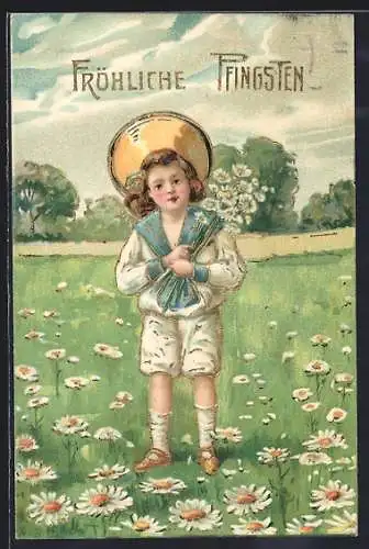 Lithographie Mädchen in Matrosenkleidung mit Haube auf einer Blumenwiese, Pfingsten
