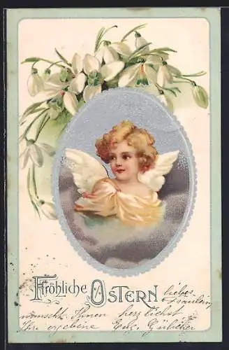 AK Osterengel in einem ovalen Rahmen, Fröhliche Ostern
