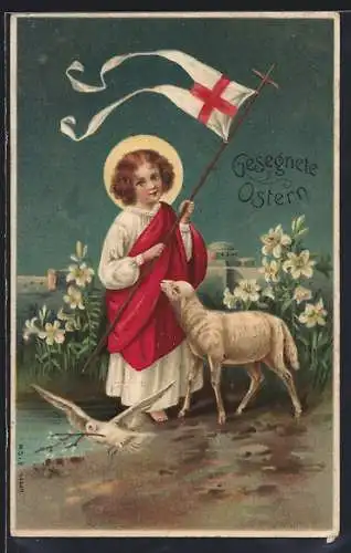 AK Kind mit Heiligenschein, Lamm und Taube, Gesegnete Ostern