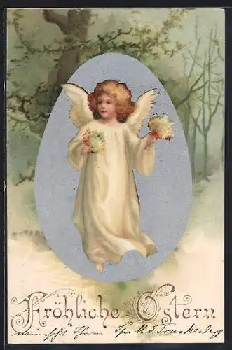 AK Osterengel mit Blumen, Fröhliche Ostern