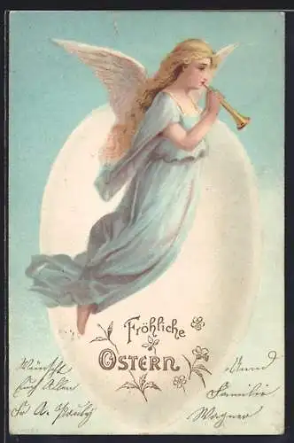 AK Osterengel mit Posaune vor einem Osterei