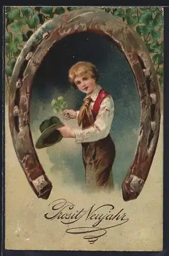 AK Junge mit Klee in der Hand wird von einem Hufeisen umrahmt, Prosit Neujahr