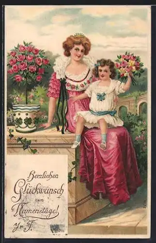 AK Glückwunsch zum Namenstag, Mutter und Kind mit Blumen
