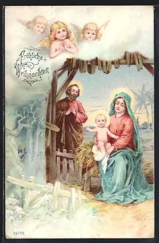 AK Weihnachtsengel über einer Krippenszene