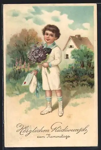 AK Junge mit Blumenstrauss und Brief, Herzlichen Glückwunsch zum Namenstag
