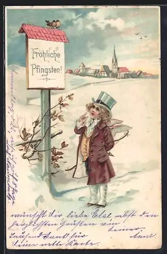 AK Amor im Schnee vor einem Schild, Fröhliche Pfingsten