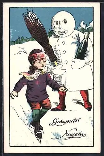 AK Schneemann mit Besen und Sekt, Kind auf Schlittschuhen