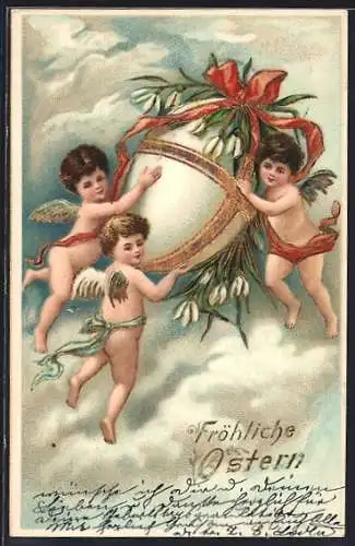 Künstler-AK Nackte Osterengel tragen riesiges Ei