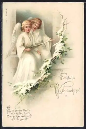 Lithographie Fröhliche Weihnachten, Ein heisser Gruss in kalter Zeit..., Weihnachtsengel