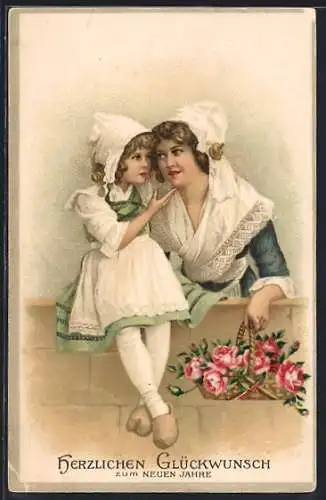 Präge-AK Frau und Kind mit Blumenkorb, Herzlichen Glückwunsch zum Neuen Jahre