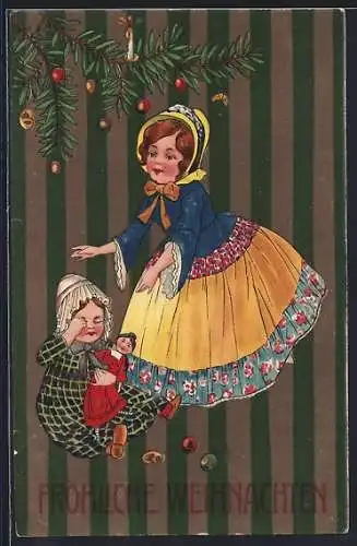 Präge-AK Zwei Kinder vor einem Weihnachtsbaum mit Puppe, Fröhliche Weihnachten