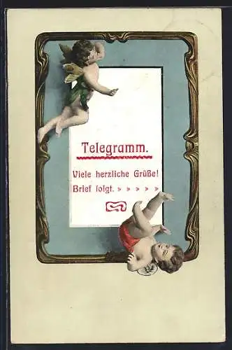 AK Engel und Fee in einem goldenen Rahmen, Telegramm, Viele herzliche Grüsse, Brief folgt
