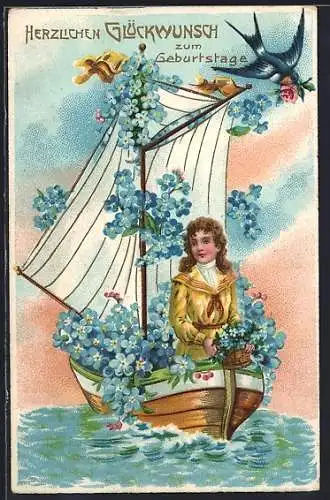 Präge-AK Frau in einem Boot mit Blumen, Herzlichen Glückwunsch zum Geburtstag