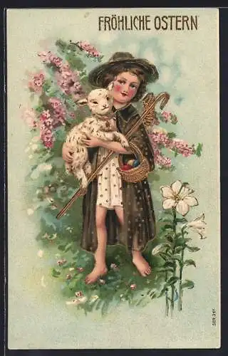 AK Ostern, Hirte mit Osterlamm und Ostereiern