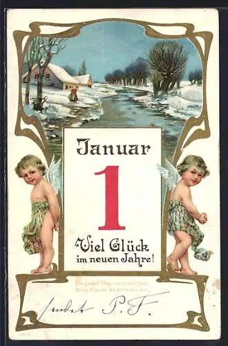 AK Neujahrsengel, Winterliche Ortschaft im Zierrahmen und Kalenderblatt