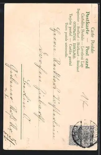 AK Neujahrsengel sitzt musizierend in einem Hufeisen, Prosit Neujahr