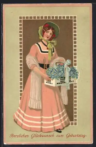 AK Frau mit Korb voller Blumen, Herzlichen Glückwunsch zum Geburtstag