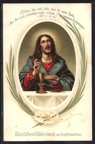 Präge-AK Jesus mit Brot und Kelch, Herzlichen Glückwunsch zur Konfirmation