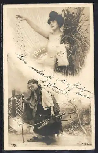 AK Junge Frau mit Stroh und Jahreszahl 1904, Alte Frau mit Grabkreuz mit Jahreszahl 1903