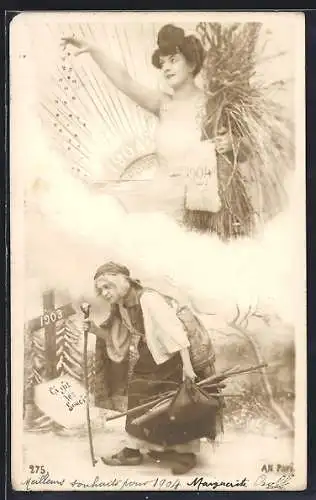 AK Junge Frau mit Stroh und Jahreszahl 1904, Alte Frau mit Grabkreuz mit Jahreszahl 1903