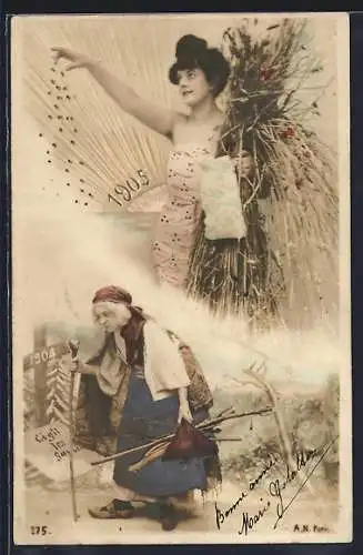 AK Junge Frau mit Stroh und Jahreszahl 1904, Alte Frau mit Grabkreuz mit Jahreszahl 1903